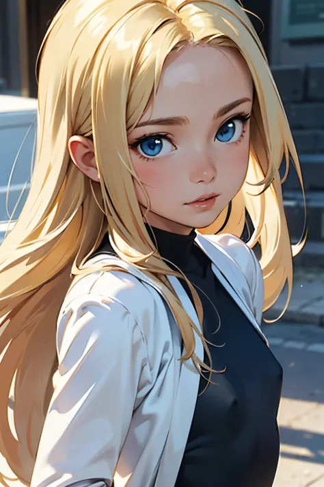 ((Best quality)), ((Masterpiece)), (Detailed), oerfect face, androgynous female, very long hair, blonde, blue eyes, small breast, cute clothing