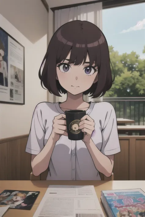 Theres a woman whos holding a cup of coffee, Menina anime na vida real, menina anime jovem realista, retrato da menina anime bonito, bonito rosto de anime natural, kawaii retrato realista, Estilo anime 3D realista, menina kawaii bonito, menina anime atraen...