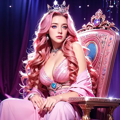 Woman, long curly hair, pink hair, blue eyes, sitting on the throne, throne, highlighted eyes, queen, crown, DIVE, serious expression