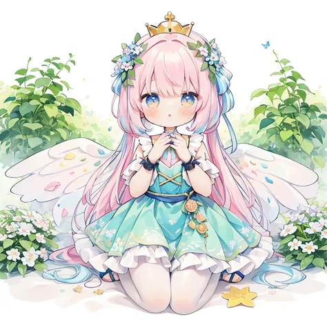 1girl in、(PastelColors:1.3)、(Cute illustration:1.3)、(watercolor paiting:1.1)、(Chibi:0.3）、Aster Harmony Garden Sprite,
Jumpsuit with oversized butterfly wings in pastel colors,
Playful ruffles and layers create a whimsical touch,
Narrow your waist to create...