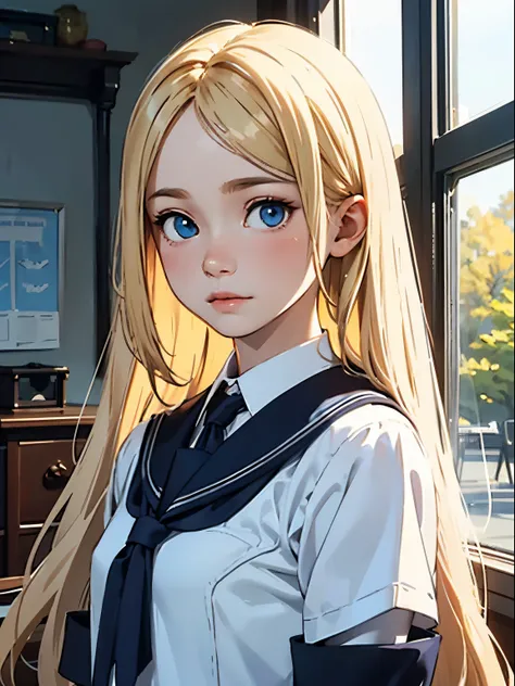 ((Best quality)), ((Masterpiece)), (Detailed), oerfect face, androgynous female, very long hair, blonde, blue eyes, small breast, cute clothing, very pale skin, tall, beautiful, shy, male school uniform