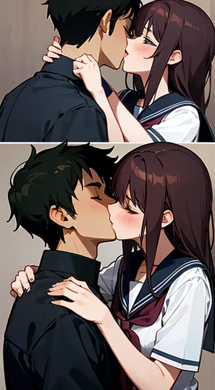 a man and a woman embracing, with another person kissing the woman, 1girl,1boy,school uniform, dark hair, hetero, kiss, serafuku, french kiss