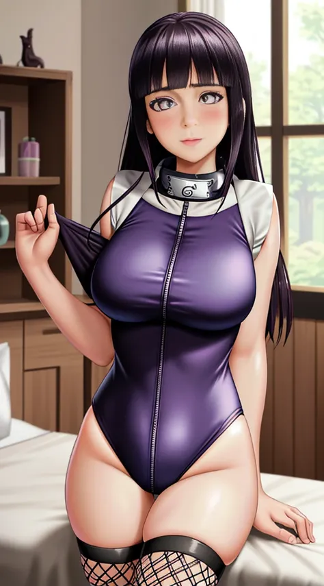 Masterpiece, highres, high Quality, detailed face, detailed body render, 1girl, solo, hyuuga hinata, hinata-sleeveless-outfit, large breasts, big breast, sleeveless shirt, fishnet top, dark lips, unzipped jacket, no bra, breasts out, nipple, standing, blus...