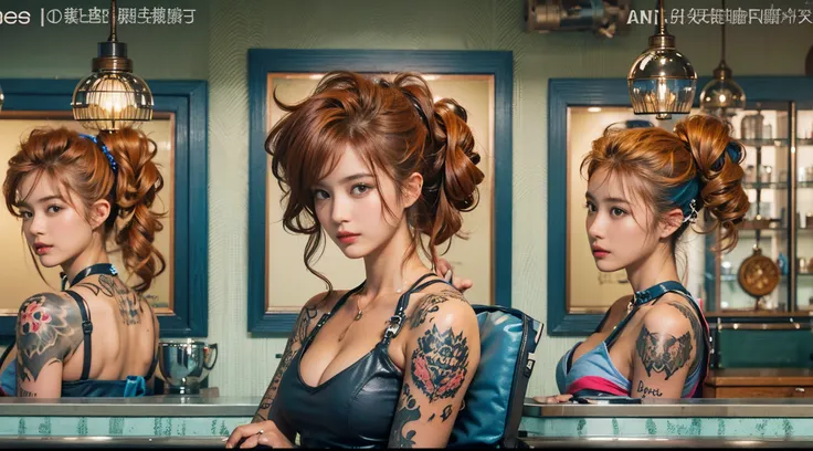 nsfw, A young, muscular female hairdresser with numerous tattoos and tanned skin, in various hairstyles and hair colors, showcasing a gyaru fashion style, in a realistic salon. In one image, she has vibrant red hair in a trendy updo style. In another, she ...