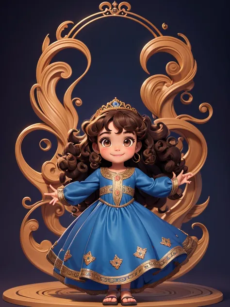 Duas full body image profile pose. small child, four-year-old girl, curly brown hair, brown eyes, charming smile, wearing a dark blue dress, fairytale princess style.