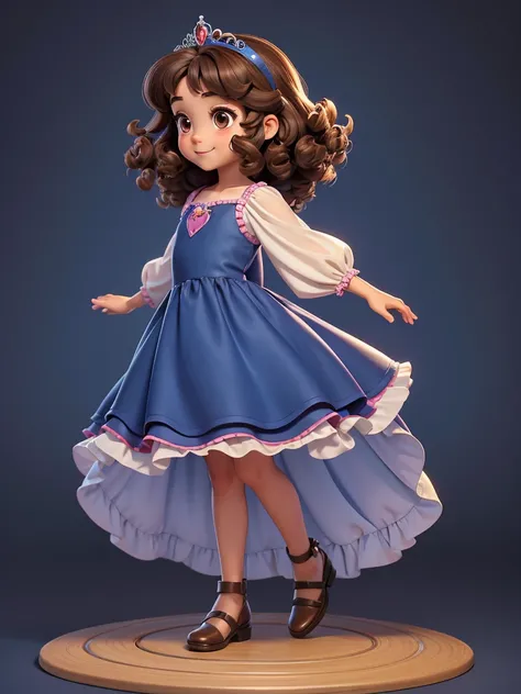 Twou full body image profile pose. small child, four-year-old girl, curly brown hair, brown eyes, charming smile, wearing a dark blue dress, fairytale princess style.