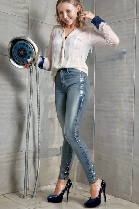 Kristen bell taking a shower in a white blouse and navy blue skinny jeans and black high heels, SoakingWetClothes, standing under the shower head, water pouring through her cloths, show heels, inviting smile,