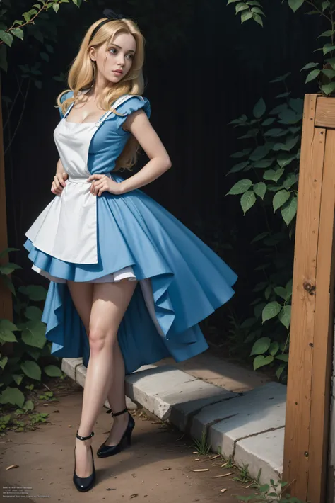 masterpiece, 1girl, solo, a sexy alice in wonderland with blonde hair, powder blue dress with white apron, white stockings, clea...