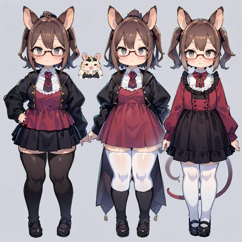 Short Brown hair, grey eyes, black glasses, kawaii, chubby, character sheet, nervous, blushing, shy, hamster ears, hamster tail, Lolita fashion,