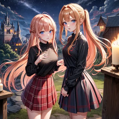 Red-blonde、poneyTail、blue eyess、one good looking girl、独奏、animesque、lightly dressed、Plaid miniskirt、wetting hair、Black T-shirt、rotting wood、fullmoon、monster castle、candle fire、Meteor swarm、gunpowder、starrysky