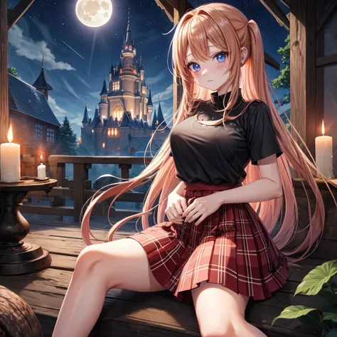 Red-blonde、poneyTail、blue eyess、one good looking girl、独奏、animesque、lightly dressed、Plaid miniskirt、wetting hair、Black T-shirt、rotting wood、fullmoon、monster castle、candle fire、Meteor swarm、gunpowder、starrysky