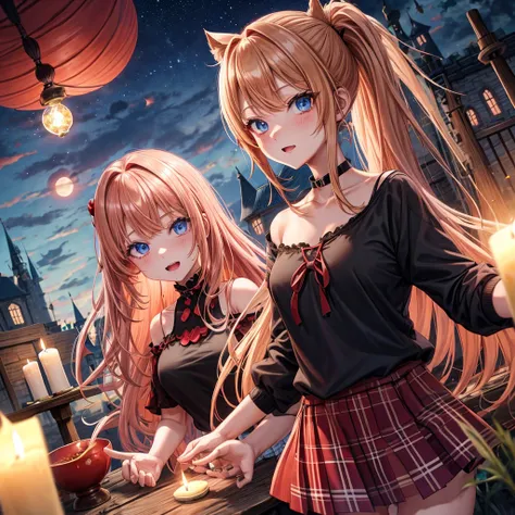 Red-blonde、poneyTail、blue eyess、one good looking girl、独奏、animesque、lightly dressed、Plaid miniskirt、wetting hair、Black T-shirt、rotting wood、fullmoon、monster castle、candle fire、Meteor swarm、gunpowder、starrysky