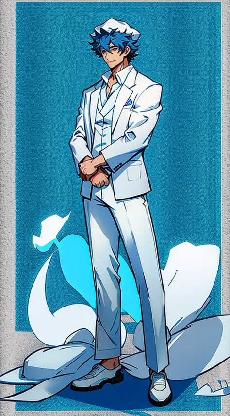 a man in a white suit and hat, okabe rintarou, single character full body, tall guy with blue glass, curly hair