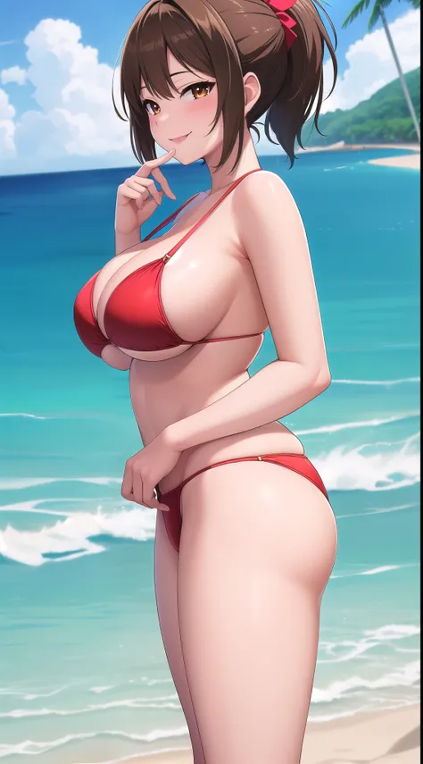 (best quality:1.5, highres, UHD, 4K, detailed lighting, shaders, perfect hand anatomy), brown long ponytail, gyaru, smiling, large breasts, thighs, crotch, red bikini, standing, side view, sexy, erotic, lewd, seductive, ecchi, beach background