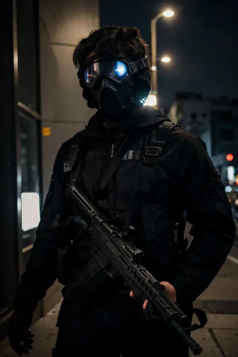 male with ghost mask,night vision goggles.body aromor. full black outfit, and AR-15