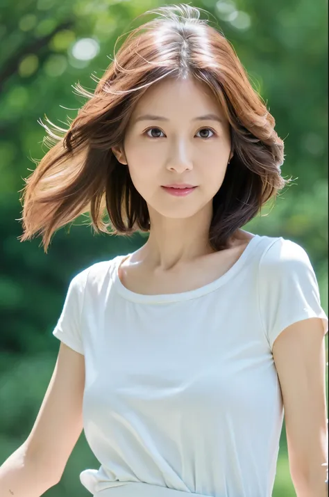 (High reality photograph, high resolusion, detailed face, detailed eyes) Skinny Japanese lady, 40 years old, wife, cute face, solo:1, lovely body, skinny figure, small breasts, various hair style, white shirt, emphasizing very thin waist, full-body photo