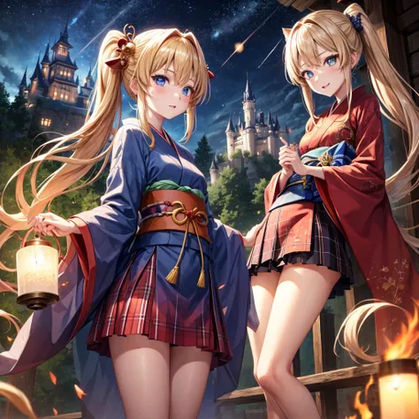 Red-blonde、poneyTail、blue eyess、one good looking girl、独奏、animesque、Plaid miniskirt、wetting hair、kimono、rotting wood、crescent、monster castle、candle fire、Meteor swarm、gunpowder、starrysky