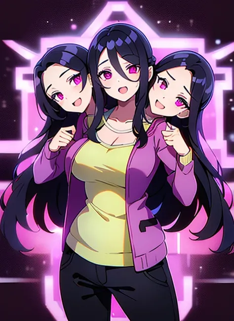 (best quality), (high quality), (detailed), (masterpiece), good artist, (3heads:1.5), 1girl, black hair, magenta eyes, casual wear, open mouths, magenta jacket, black pants, winter background, A girl with beautiful detailed eyes, long hair, detailed hair, ...