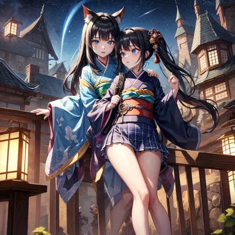 Blue-black hair、poneyTail、blue eyess、one good looking girl、独奏、animesque、Plaid miniskirt、wetting hair、kimono、rotting wood、crescent、monster castle、lantern、Meteor swarm、gunpowder、starrysky