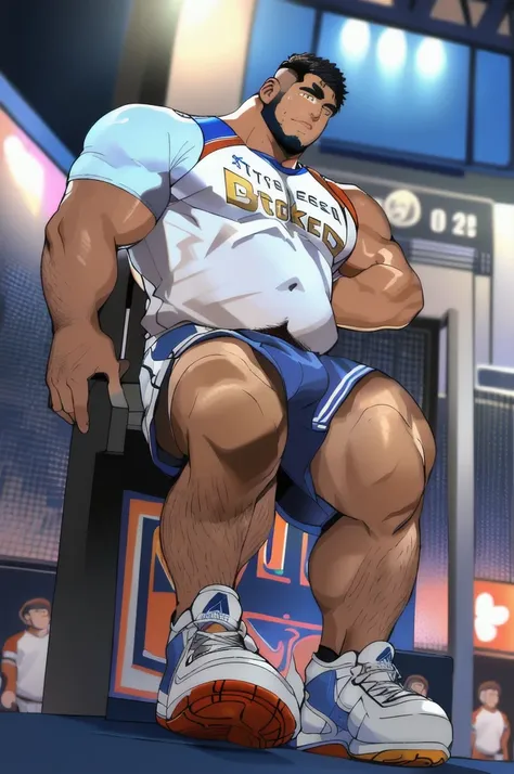 Best quality, masterpiece, ultra high res,detailed background,realistic,illustration,from below,full body,solo,(((1boy))),muscular male,beard,sneakers,basketball,muscular,facial hair,volumetric lighting,depth of field,(bara stocky:1.6),((slam dunk uniform)...