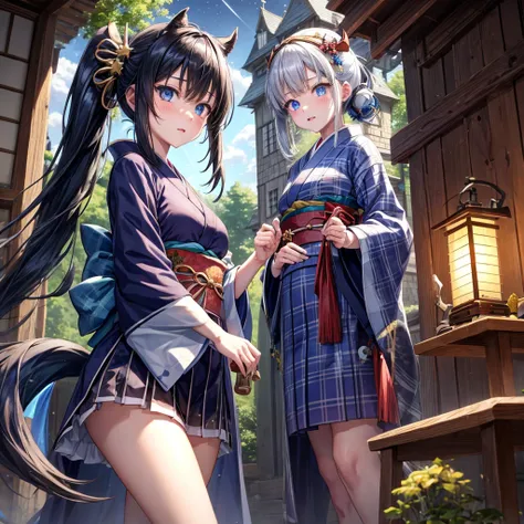 Blue-black hair、poneyTail、blue eyess、one good looking girl、独奏、animesque、Plaid miniskirt、wetting hair、kimono、rotting wood、crescent、monster castle、lantern、Meteor swarm、gunpowder、starrysky