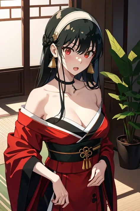 masutepiece, Yor, 1girl in, Solo, Looking at Viewer, Open mouth, Black hair, Red Eyes, Dress, Bare shoulders, Jewelry, 鎖骨, side locks, shairband, earrings, Indoors, black kimono，Furisode，kimono，a miniskirt，arms behind back, plant, Long Straight，white hairb...