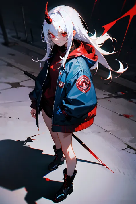 (red eye),best body proportion,hair between eyes,white hair,looking at viewer, scary girl, dark blue jacket,(Best Shadows), Standing ,(Highest Quality, Amazing Detail), (Solo:1), boots, black tight ,dinamic pose ,highly detailed,top quality,masterpiece, de...