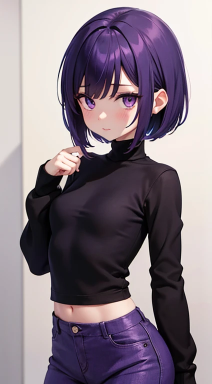 Master piece, one girl, emo girl, beautiful, purple eyes, twitch purple eyetils, twitch purple hair style, short bob haircut, hair tied up on her left ear, dark purple turtleneck sweatshirt, twitch purple pants, thin girl, sexy, nice hips, good propportion...