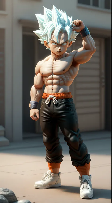 Goku, super saiyan, exquisite hair, arm depiction, white and blue hair body, exquisite shoes, eye depiction, exquisite hair, popmart blind box, clay texture, stepping on the land, black and white background, natural lighting, most good quality, super detai...