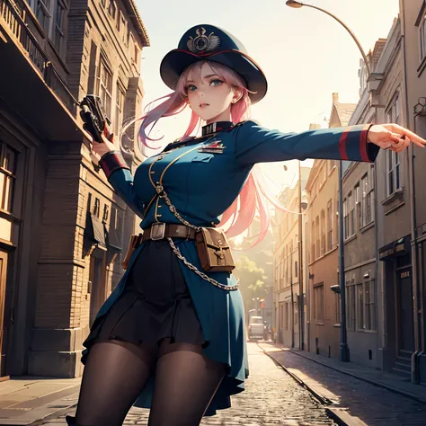 En un mundo dieselpunk. A very pretty young soldier in the British army, con un gran sombrero y un traje rojo con muchos botones y varias medallas. She carries a strange steam rifle. She  doing patrol on a large cobblestone street with large buildings... L...