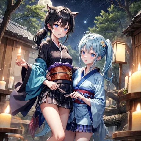 Blue-black hair、poneyTail、blue eyess、one good looking girl、独奏、animesque、Plaid miniskirt、wetting hair、kimono、rotting wood、fullmoon、Sea of trees、candle fire、Meteor swarm、starrysky、Dancing