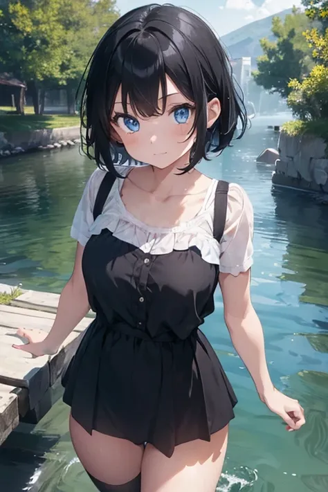 1girl, short black hair, blue eyes, river, absurdres, high res, ultrasharp, 8K, masterpiece, looking at viewer, naked