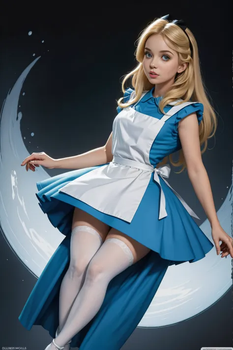 masterpiece, 1girl, solo, a cute alice in wonderland with blonde hair, powder blue dress with white apron, (white stockings), dy...