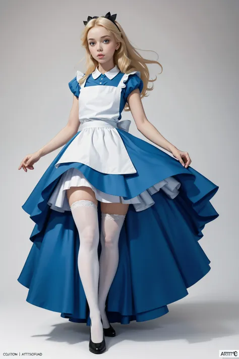 masterpiece, 1girl, solo, make her a cute alice in wonderland with blonde hair, powder blue dress with white apron, tall white s...