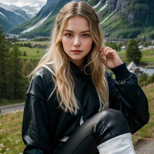 (Meisterwerk), (best quality:1.0), (Ultra-High-Res:1.0), portrait, 女の子1人, detailed, beautiful, Gesichtsfokus, Wildfang, runny, sehr langes Haar, Norwegen-Gesicht, Hintergrundbild 8k, (white variegated hair), gorgeous woman,  Schminke, enge Leggings, full e...