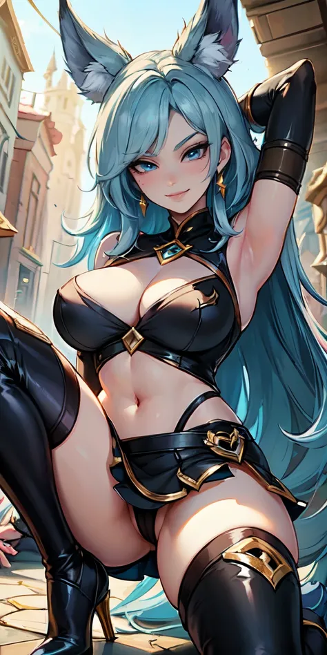 Masterpiece, 8k, art style by sciamano240, very detailed face, detailed clothes, detailed fabric, 2girls, ( Death sworn Katarina (league of legends 1.1)) beautiful face, asymmetrical long hair, light blue hair, exposed navel, black thigh boots, very detail...