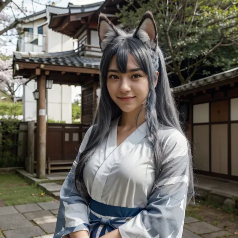 Absurd, furry, Female furry, a girl, Full body, けもの, wolf tail(Dark gray tail.), Wolfs ears(Dark gray ears.), Skin hair(gray and white), long-haired(Hair  straight and fluffy.), (blue hair), green eyes, red face, Big smile mouth, japan, shirt(white and blu...