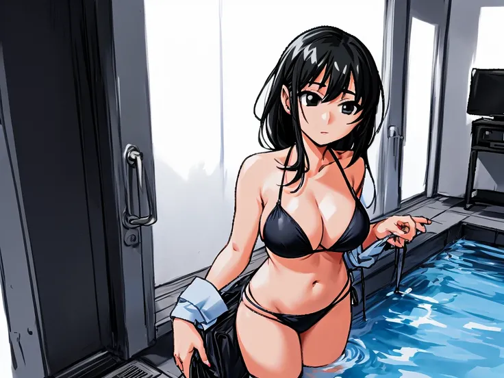 A woman with black hair and big breasts is standing in the hallway of a heated pool in a blue bikini。