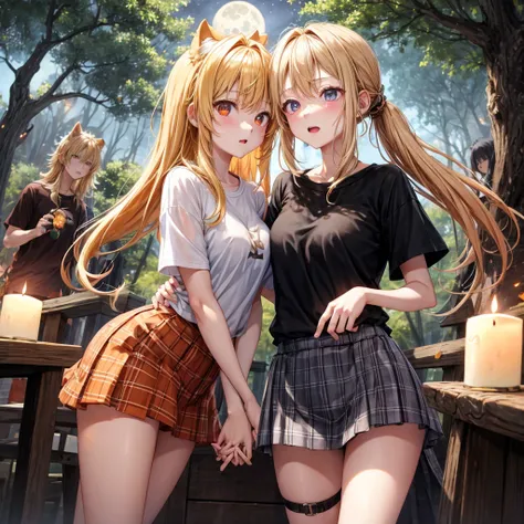 orange blonde、poneyTail、verd s eyes、one good looking girl、独奏、animesque、lightly dressed、Plaid miniskirt、a black T-shirt、rotting wood、fullmoon、Sea of trees、candle fire、Meteor swarm、starrysky、are flying