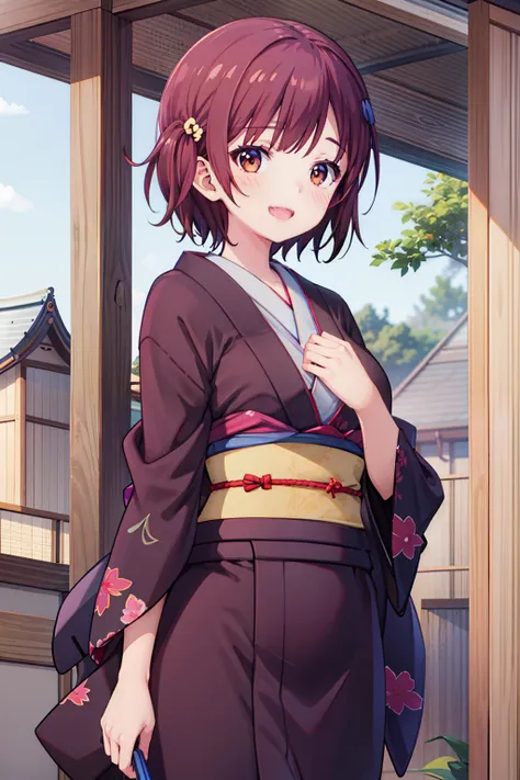 (best quality), absurdres, highres, extremely detailed CG, ayaka_tachibana_imocho, short_hair, brown_hair, brown_eyes, one_side_up, large breasts, japanese_clothes, kimono, hanten_(clothes), 1girl, toothy smile