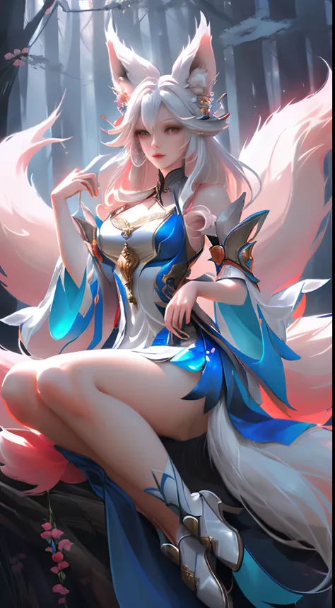 fox ears white hair girl，full body lesbian，painting of a white fur fox sitting on a tree branch，ethereal fox，nine tail fox，fox t...