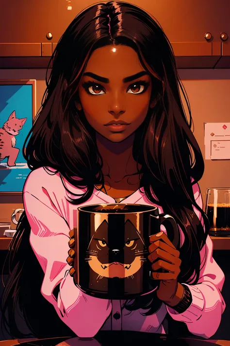 One Dark skin young woman with long jet black hair and clearly detailed big brown eyes, ebony nose, a pink coffee mug, curious black wolf-like cat, high quality, 2D, UHD,