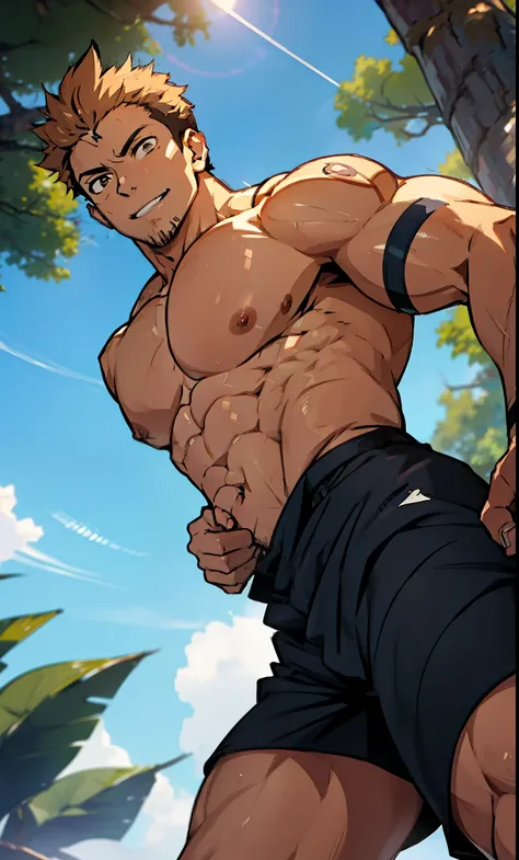 (canto da foto de baixo para cima) (imagem da mais alta qualidade) Lion man ,real, jovem, foco masculino, vestindo shorts, imagem de anime, leaning on a tree , pernas bem abertas, sexy face, rosto atraente, cabelo subcortado, huge muscle muscles of the che...