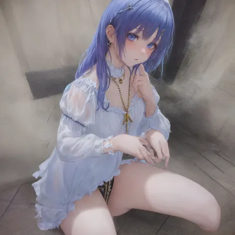 (best quality,4k,8k,highres,masterpiece:1.2),ultra-detailed,anime,a girl with dark blue hair and lighter blue undertones, beautiful detailed eyes, wearing a white dress with a delicate chain around her neck. Her short, cute hairstyle highlights her dark bl...