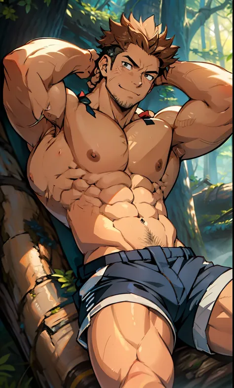 (canto da foto de baixo para cima) (imagem da mais alta qualidade) Lion man ,real, jovem, foco masculino, vestindo shorts, imagem de anime, resting your arm on a log  , pernas bem abertas, sexy face, rosto atraente, cabelo subcortado, huge muscle muscles o...