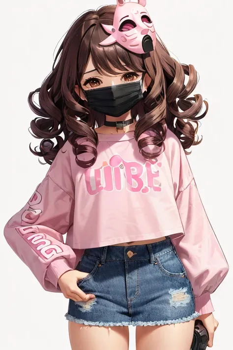 ((curly brown hair black eyes a pink cropped blouse a denim skirt how I feel pink and white a mangle mask on the side of the head))