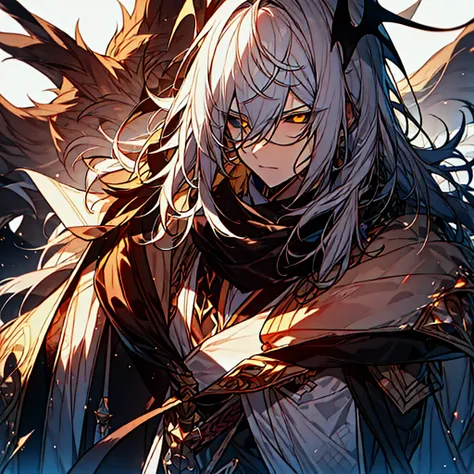 (master piece), best quality, ultra-detailed, illustration, warm lighting, soft lighting, bright colors, 1 adult guy, anime character with white long hair, shadowverse style, black coat, (serious), yellow eyes, black sclera.