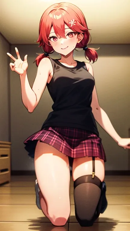 (Full body Sakura Miko) 1girl, solo, best quality, pink hair, red glowing eyes, low twintail. medium breasts, sleeveless, black_thighhighs, garter strap, golden hair ornament, black shirt, skirt, plaid skirt, dynamic pose, smile, closed mouth and happy, lo...