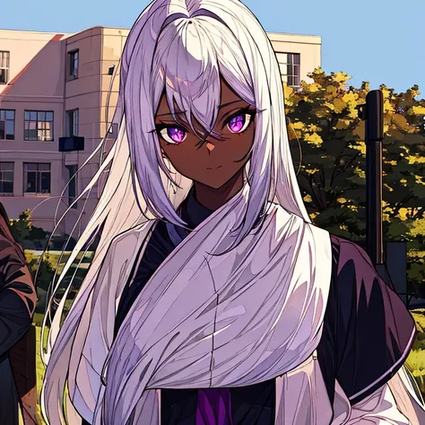 DARK SKINNED GIRL with white hair and purple eyes in a school landscape