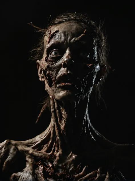 zombified humanoid mutant creature, perfect centralization, standing position, abstract beauty, centred, looking at the camera, facing the camera, near perfection, sad, desperate, upper body, hands on her head, dynamic, dark background, cinematic lighting